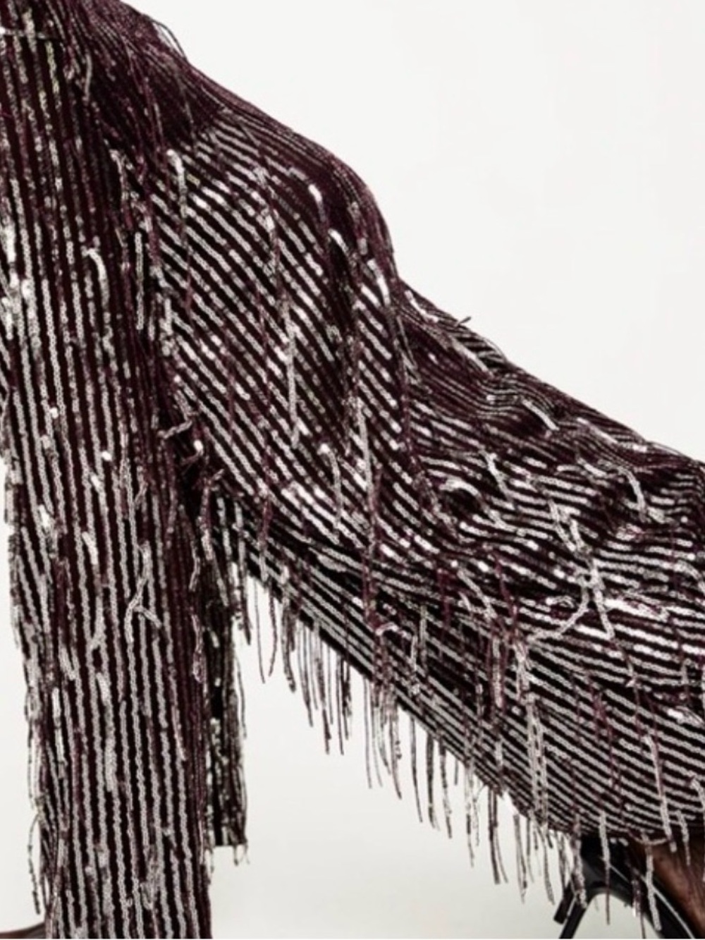 Purple Sequin Fringe Cocktail Dress with V-Neck and Long Sleeves